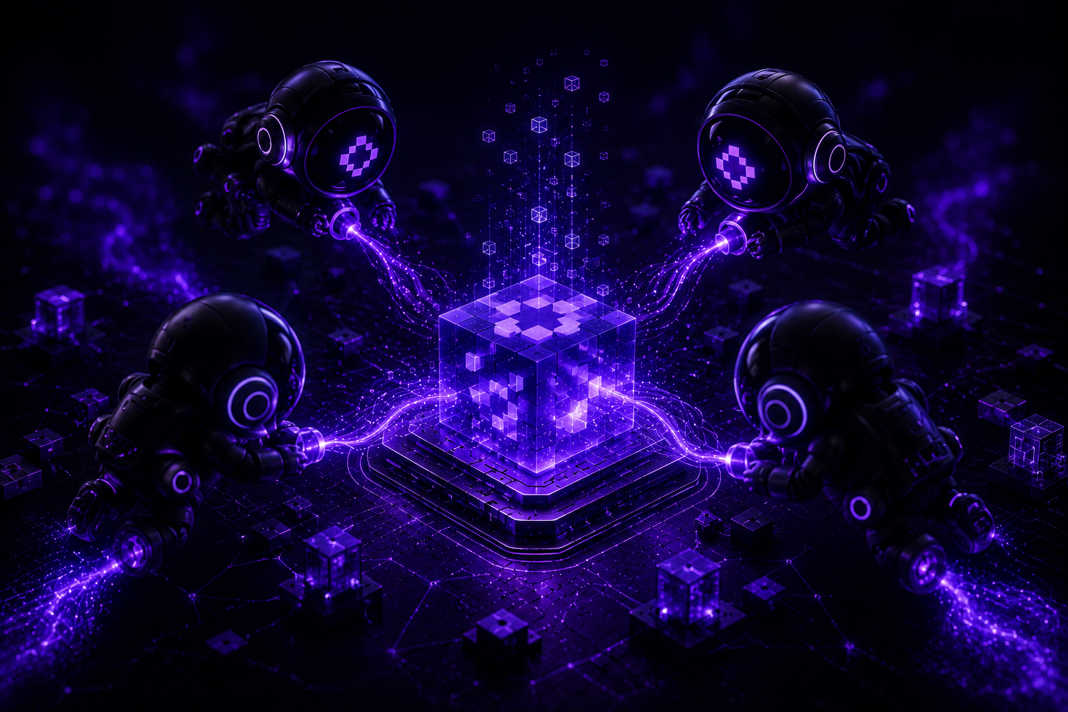 Four AI agents swarming around a shared decision cube